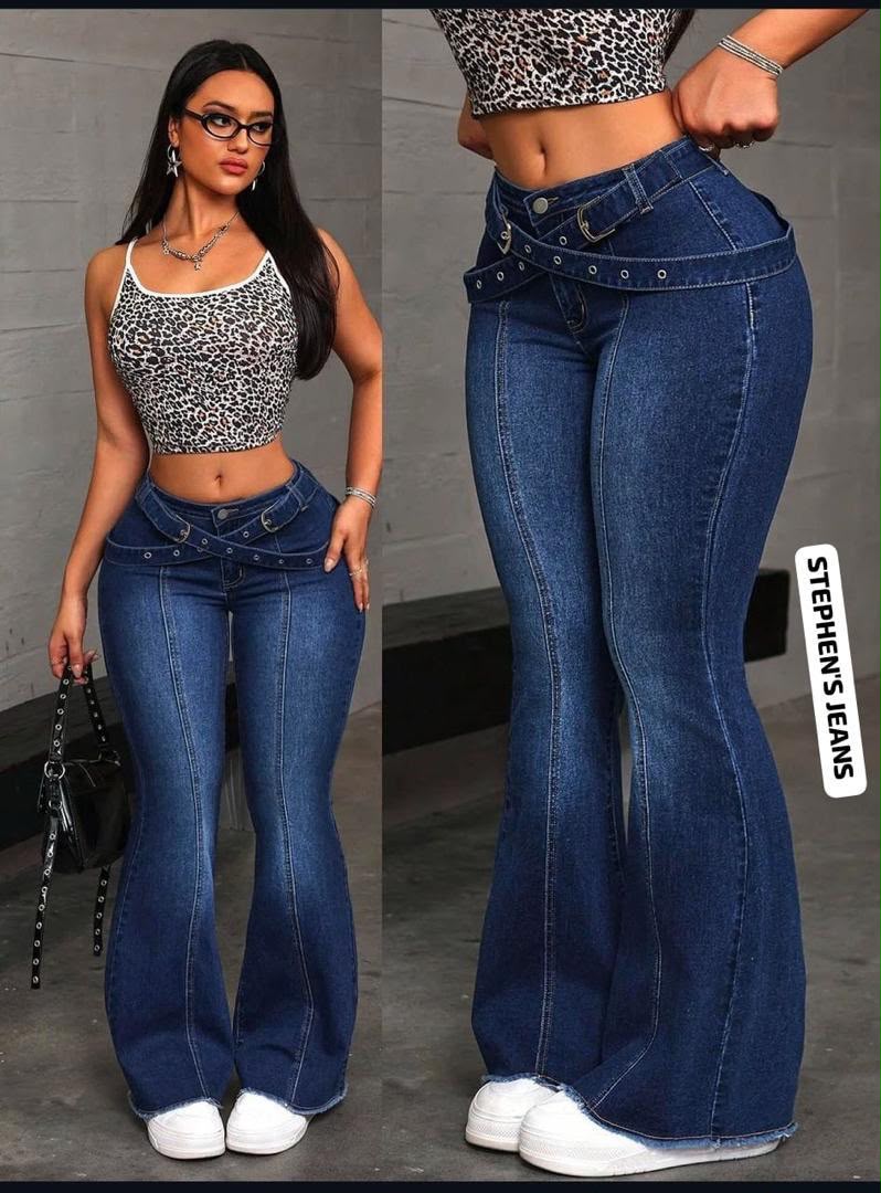 High-wasted dark wash palazo jeans with criss-cross belt